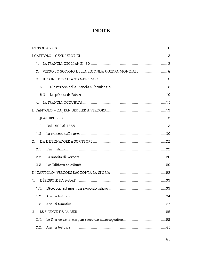 Indice della tesi: Racconti di vita di un artista clandestino: la disfatta della Francia attraverso la penna di Jean Bruller, Pagina 1