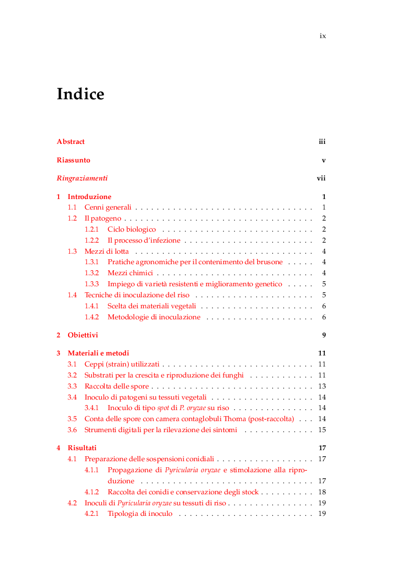 Indice della tesi: Procedure di inoculazione di Pyricularia oryzae su riso, Pagina 1