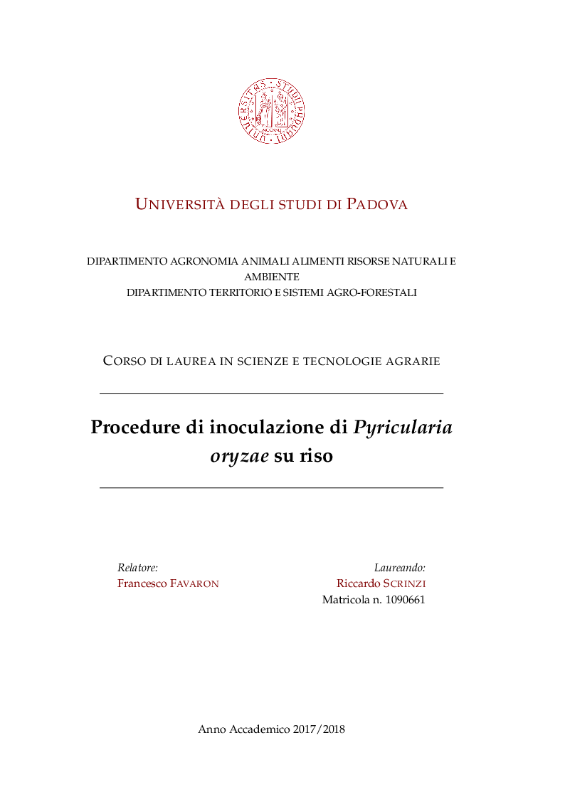 Anteprima della tesi: Procedure di inoculazione di Pyricularia oryzae su riso, Pagina 1
