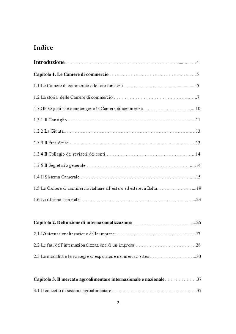 Indice della tesi: Ruolo delle Camere di Commercio nell'internazionalizzazione delle imprese agroalimentari, Pagina 1