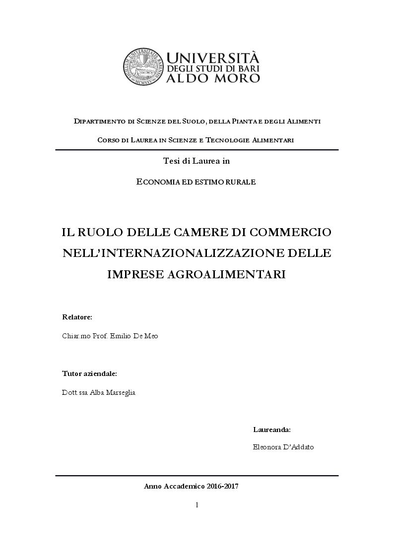 Anteprima della tesi: Ruolo delle Camere di Commercio nell'internazionalizzazione delle imprese agroalimentari, Pagina 1