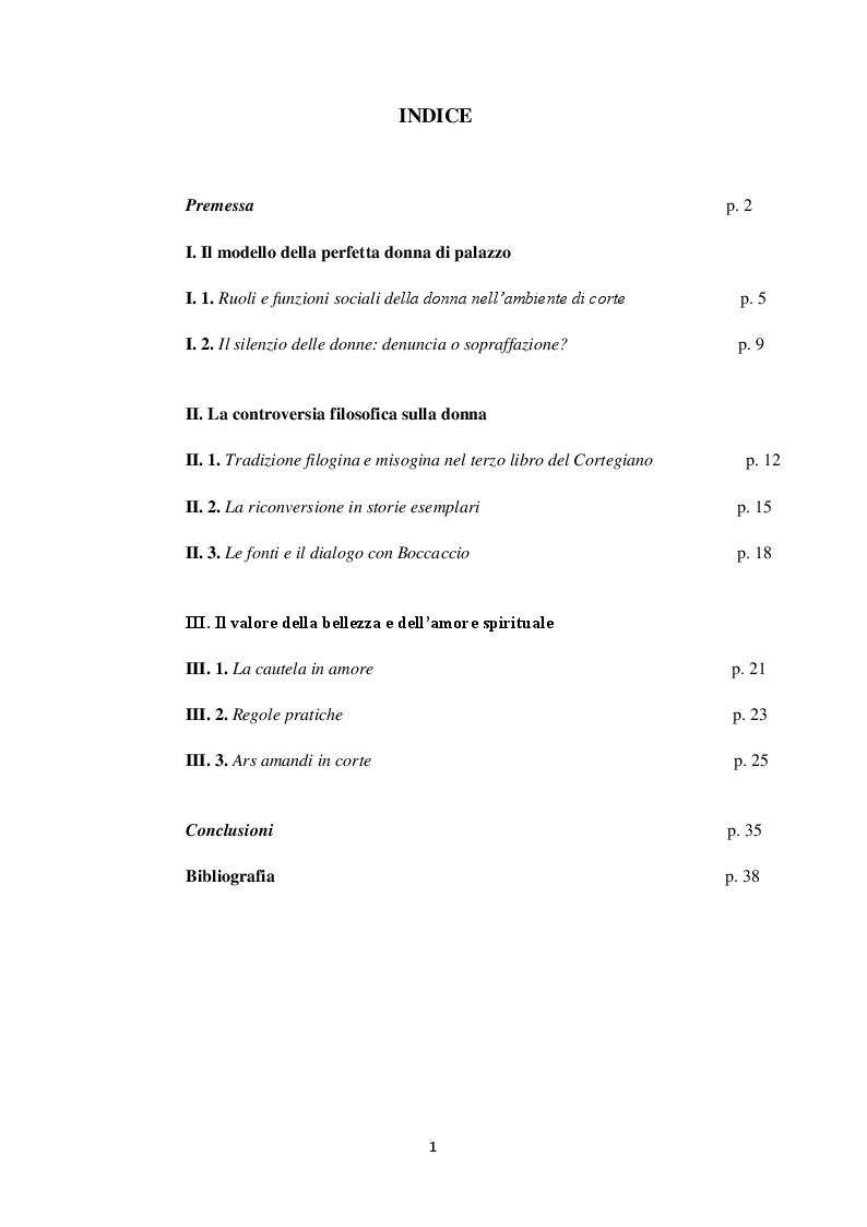 Indice della tesi: Intorno al terzo libro del Cortegiano: un discorso sulla donna detto al maschile, Pagina 1
