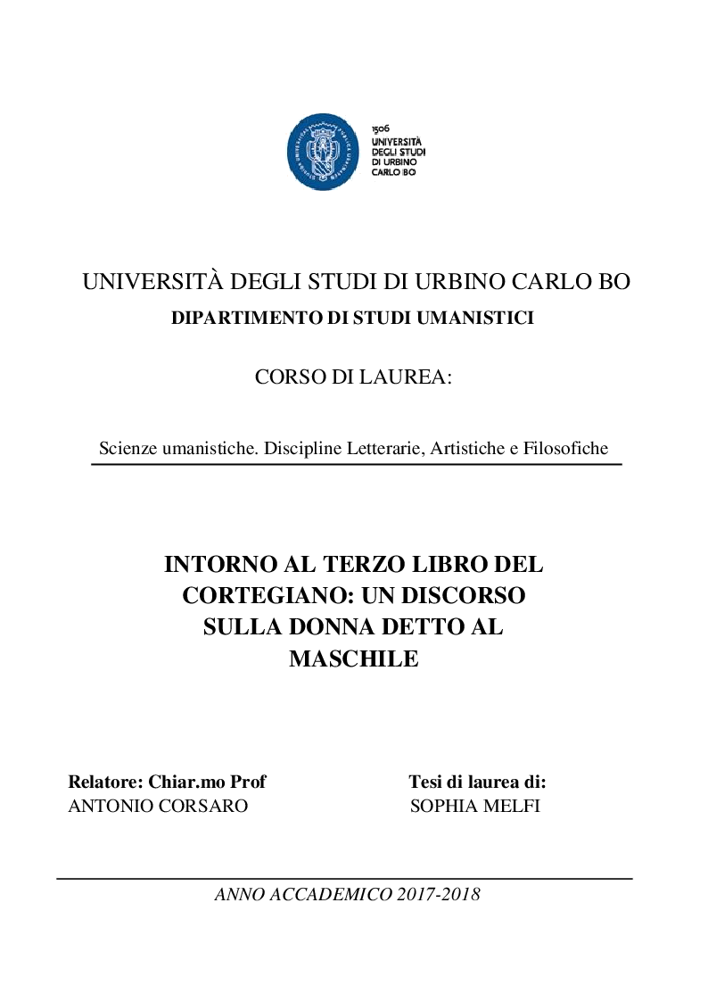 Anteprima della tesi: Intorno al terzo libro del Cortegiano: un discorso sulla donna detto al maschile, Pagina 1