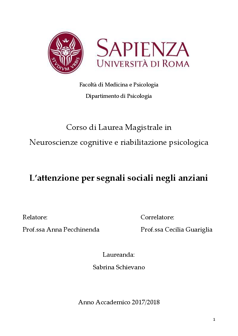 Anteprima della tesi: L’attenzione per segnali sociali negli anziani, Pagina 1