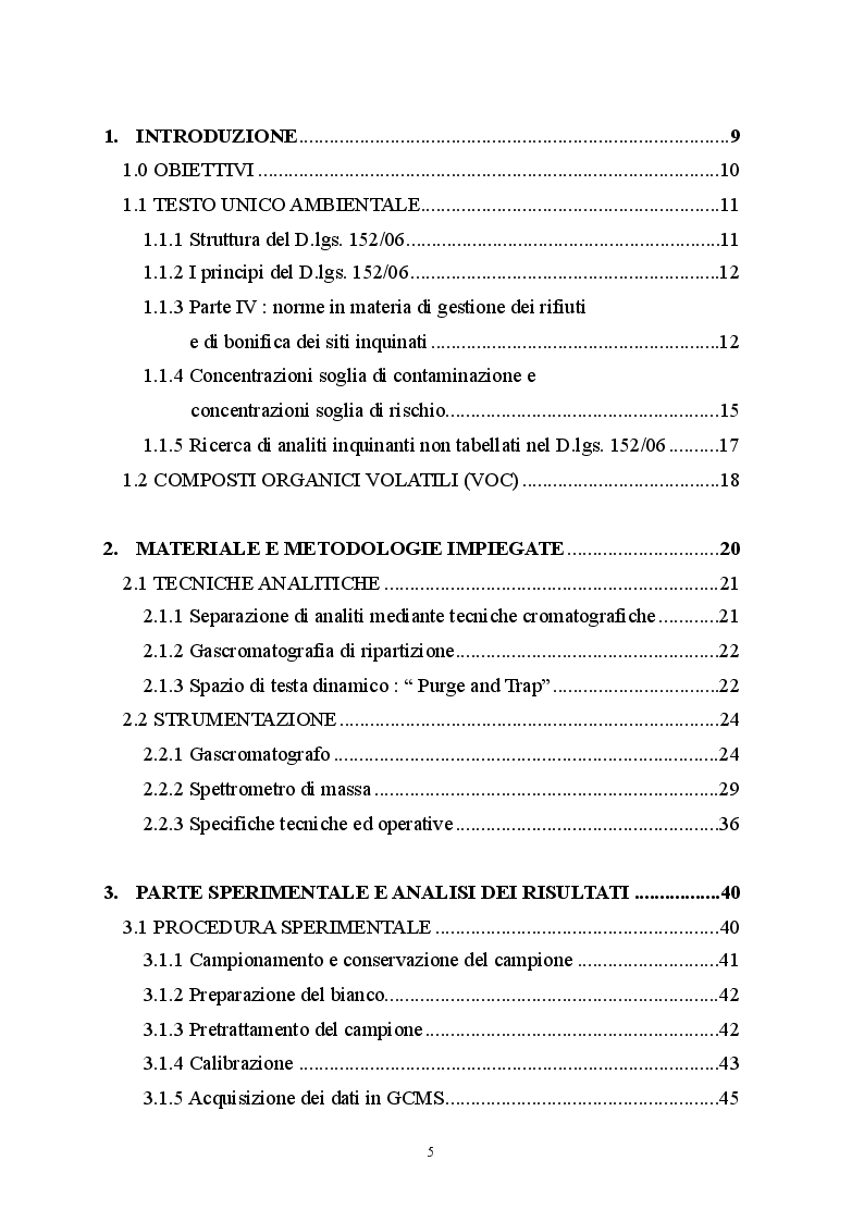 Indice della tesi: Sviluppo di metodiche analitiche mediante GCMS per la determinazione di parametri non tabellati del D.lgs. 152/06, Pagina 1