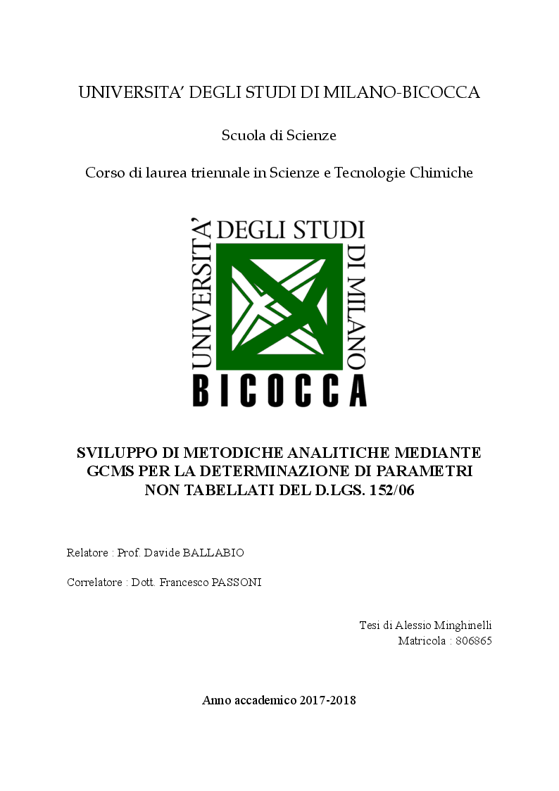 Anteprima della tesi: Sviluppo di metodiche analitiche mediante GCMS per la determinazione di parametri non tabellati del D.lgs. 152/06, Pagina 1