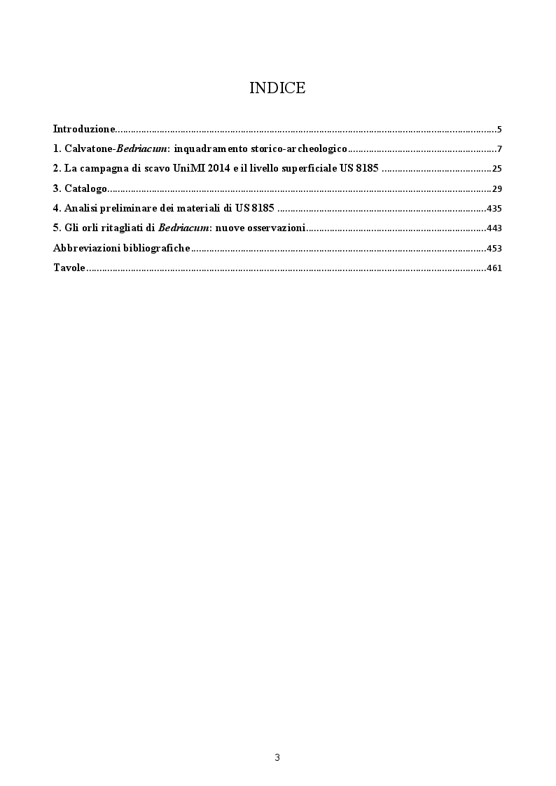 Indice della tesi: Analisi preliminare dei materiali del livello superficiale (US 8185) della campagna di scavo UniMI 2014 a Calvatone-Bedriacum, Pagina 1
