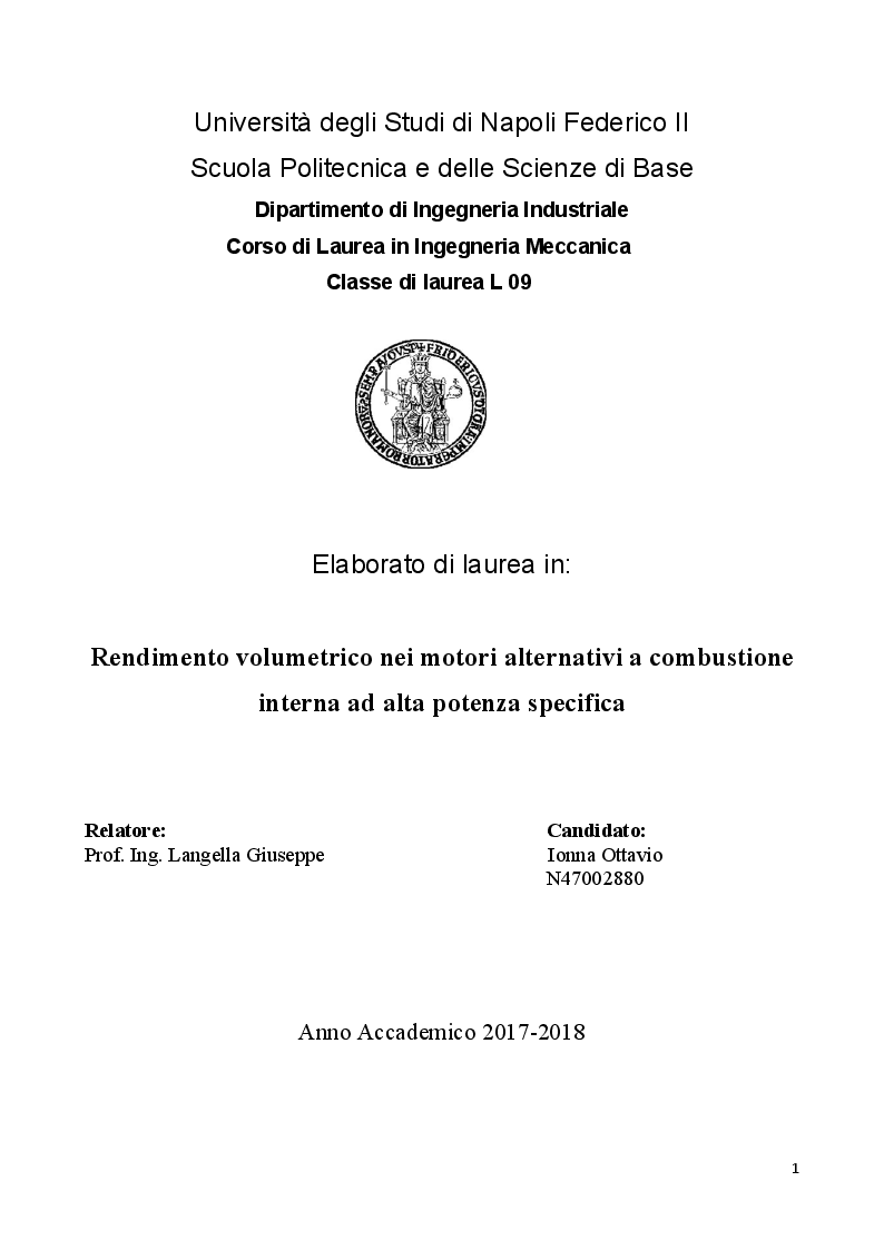 Anteprima della tesi: Rendimento volumetrico nei motori alternativi a combustione interna ad alta potenza specifica, Pagina 1
