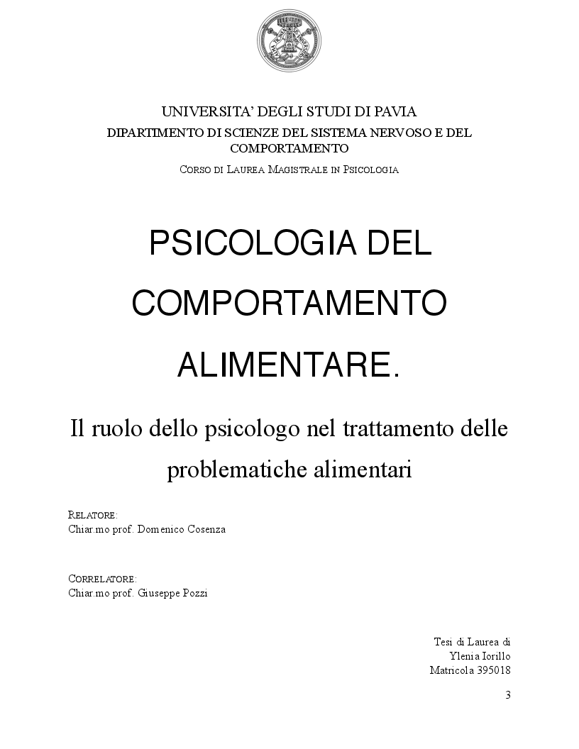 Anteprima della tesi: Psicologia del comportamento alimentare. Il ruolo dello psicologo nel trattamento delle problematiche alimentari, Pagina 1