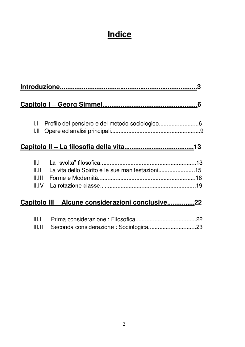 Indice della tesi: La dialettica tra Vita e Forma nella riflessione di Georg Simmel, Pagina 1