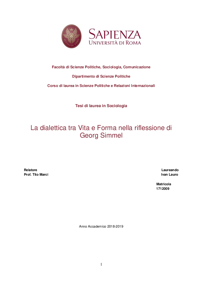 Anteprima della tesi: La dialettica tra Vita e Forma nella riflessione di Georg Simmel, Pagina 1