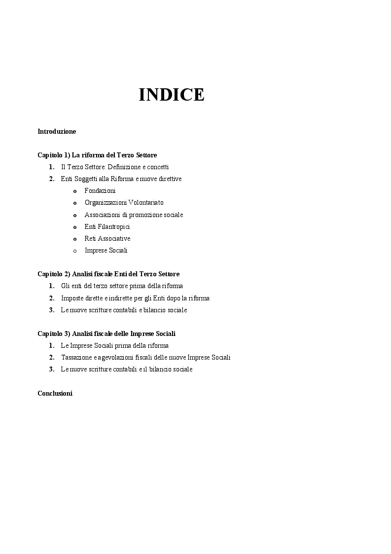 Indice della tesi: La Riforma del Terzo Settore: L'Impresa Sociale, Pagina 1