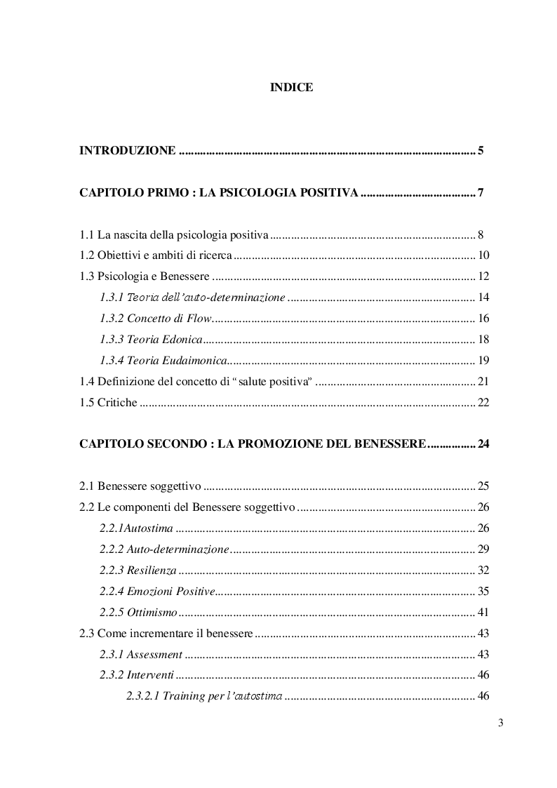 Indice della tesi: Coltivare il benessere attraverso il pensiero psicologico positivo, Pagina 1