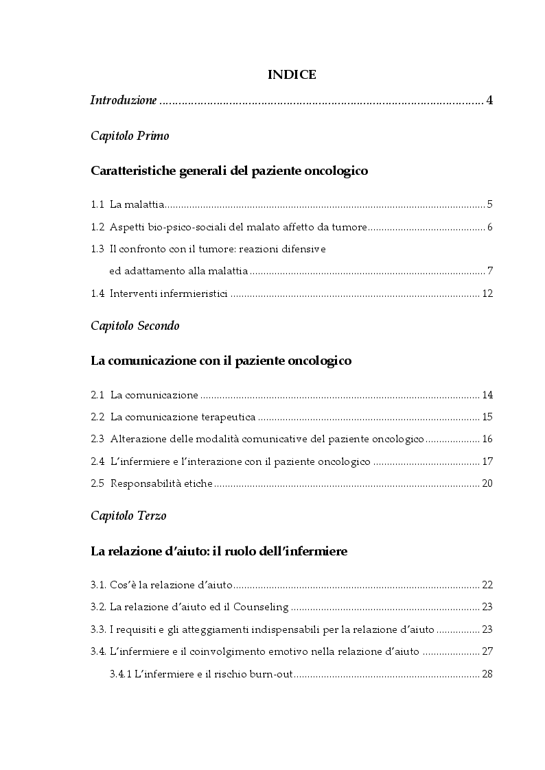 Indice della tesi: Gli aspetti relazionali ed emotivi nella relazione d'aiuto con il paziente oncologico, Pagina 1