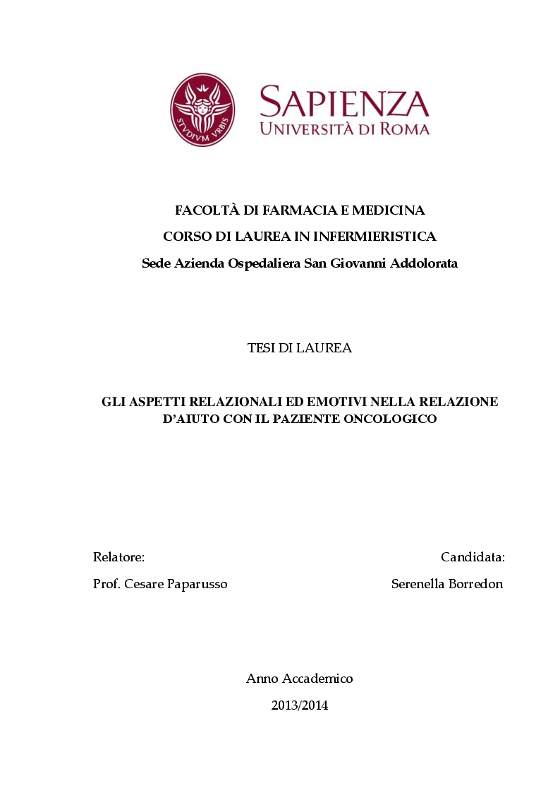 Anteprima della tesi: Gli aspetti relazionali ed emotivi nella relazione d'aiuto con il paziente oncologico, Pagina 1