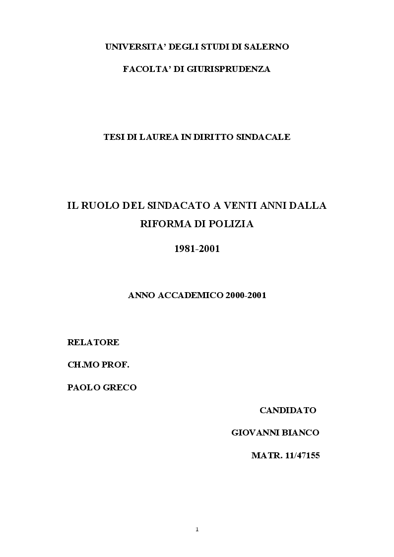 Anteprima della tesi: Il ruolo del sindacato a 20 anni dalla riforma della Polizia di Stato, Pagina 1
