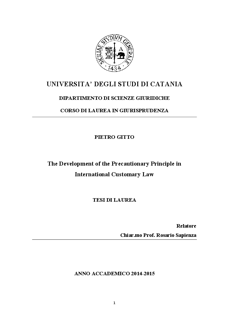 Anteprima della tesi: The development of the Precautionary Principle in International Customary Law, Pagina 1