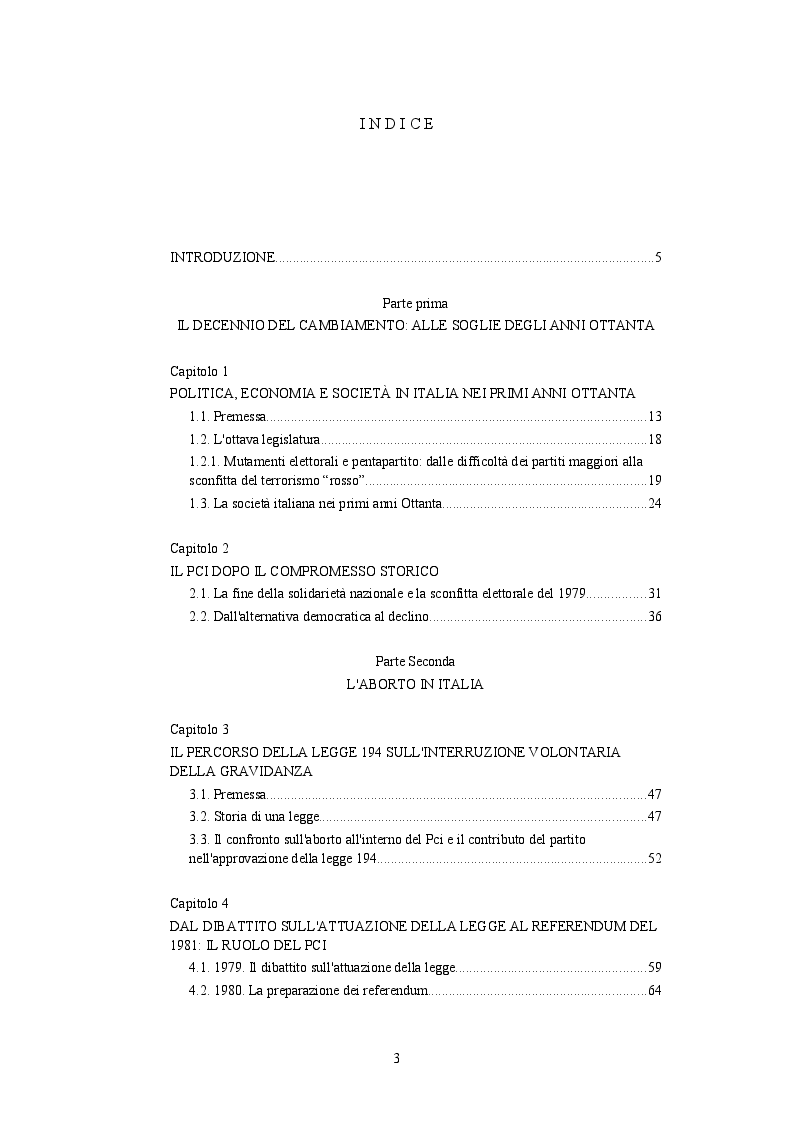 Indice della tesi: Il PCI e il dibattito sull'aborto: protagonista o attore comprimario? 1979-1981, Pagina 1