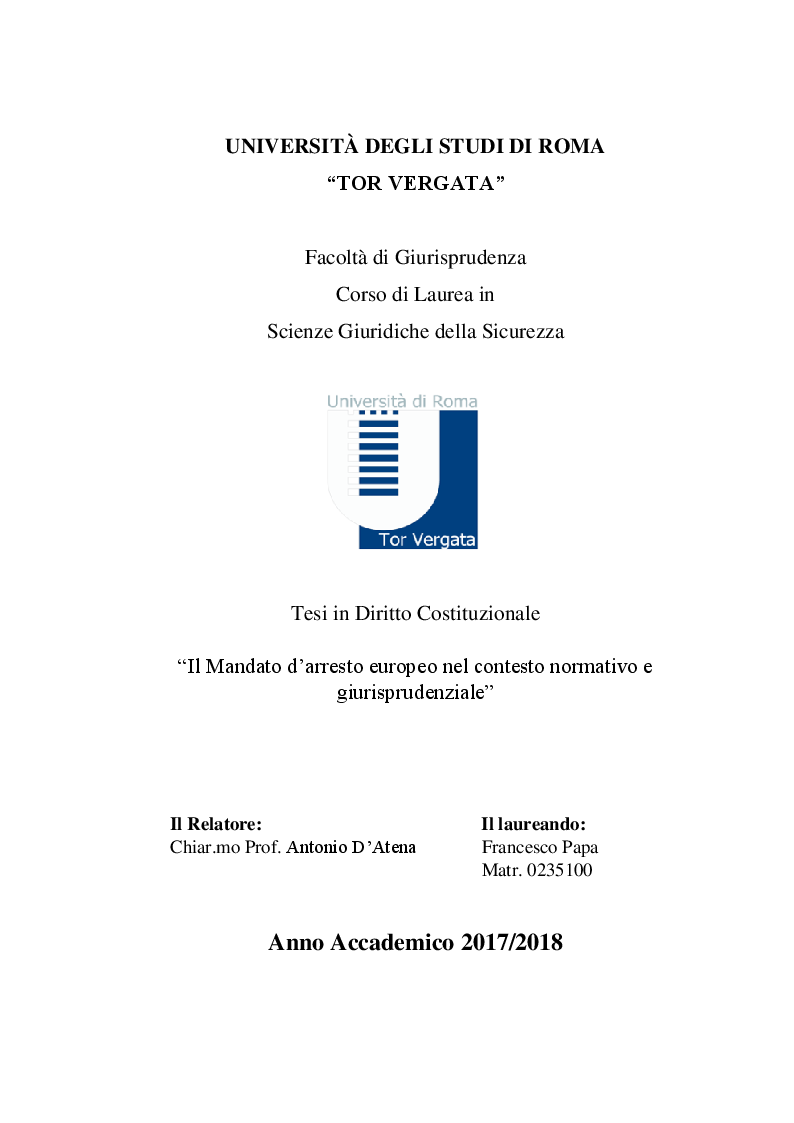 Anteprima della tesi: Il Mandato d'arresto europeo nel contesto normativo e giurisprudenziale, Pagina 1