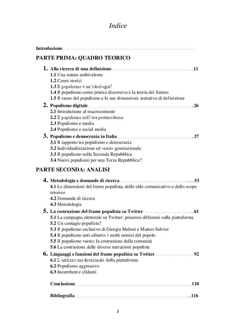 Indice della tesi: La narrazione populista su Twitter. Analisi della comunicazione dei leader italiani durante la campagna per le politiche 2018, Pagina 1