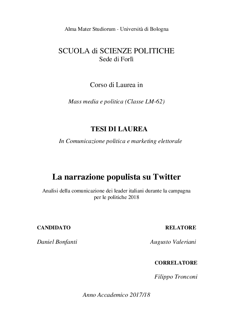 Anteprima della tesi: La narrazione populista su Twitter. Analisi della comunicazione dei leader italiani durante la campagna per le politiche 2018, Pagina 1