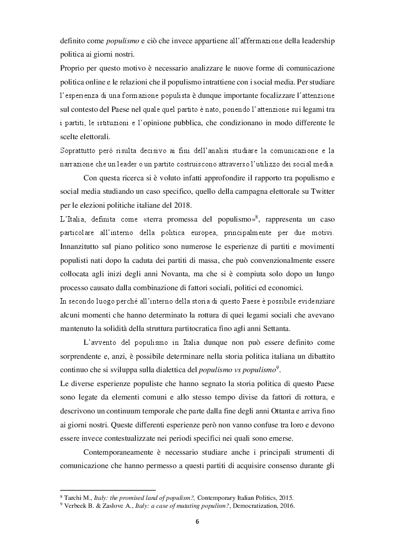 Anteprima della tesi: La narrazione populista su Twitter. Analisi della comunicazione dei leader italiani durante la campagna per le politiche 2018, Pagina 4