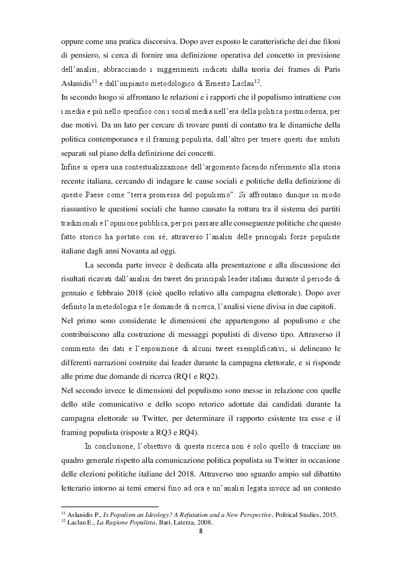 Anteprima della tesi: La narrazione populista su Twitter. Analisi della comunicazione dei leader italiani durante la campagna per le politiche 2018, Pagina 6