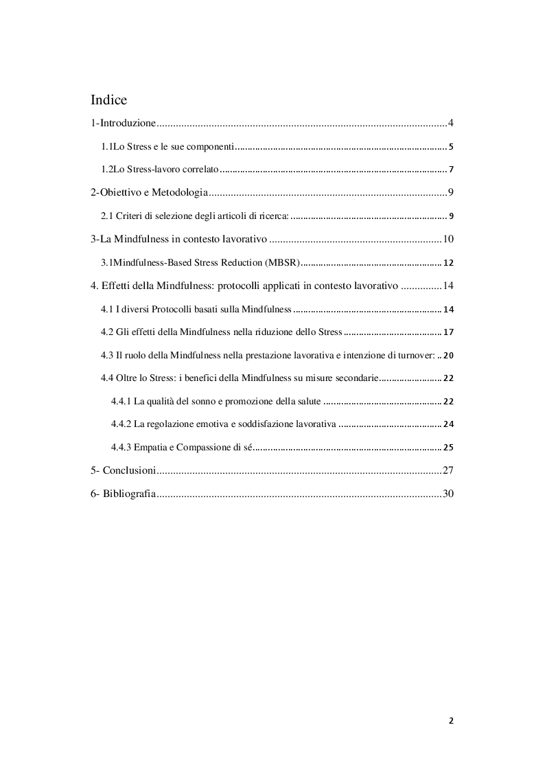 Indice della tesi: Mindfulness: protocolli per la riduzione dello Stress sul lavoro, Pagina 1