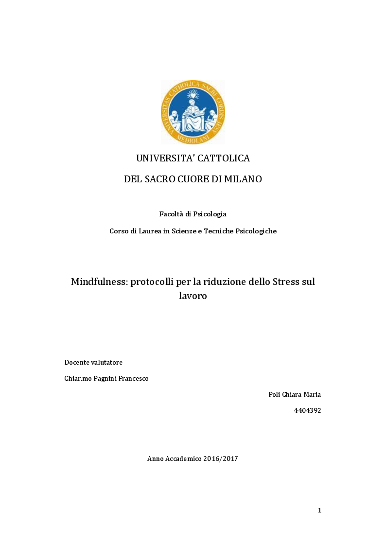 Anteprima della tesi: Mindfulness: protocolli per la riduzione dello Stress sul lavoro, Pagina 1