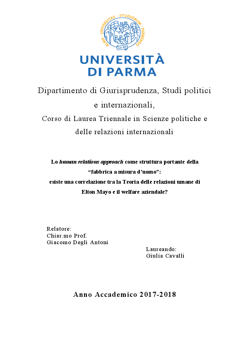 Anteprima della tesi: Lo human relations approach come struttura portante della "fabbrica a misura d’uomo": esiste una correlazione tra la Teoria delle relazioni umane di Elton Mayo e il welfare aziendale?, Pagina 1