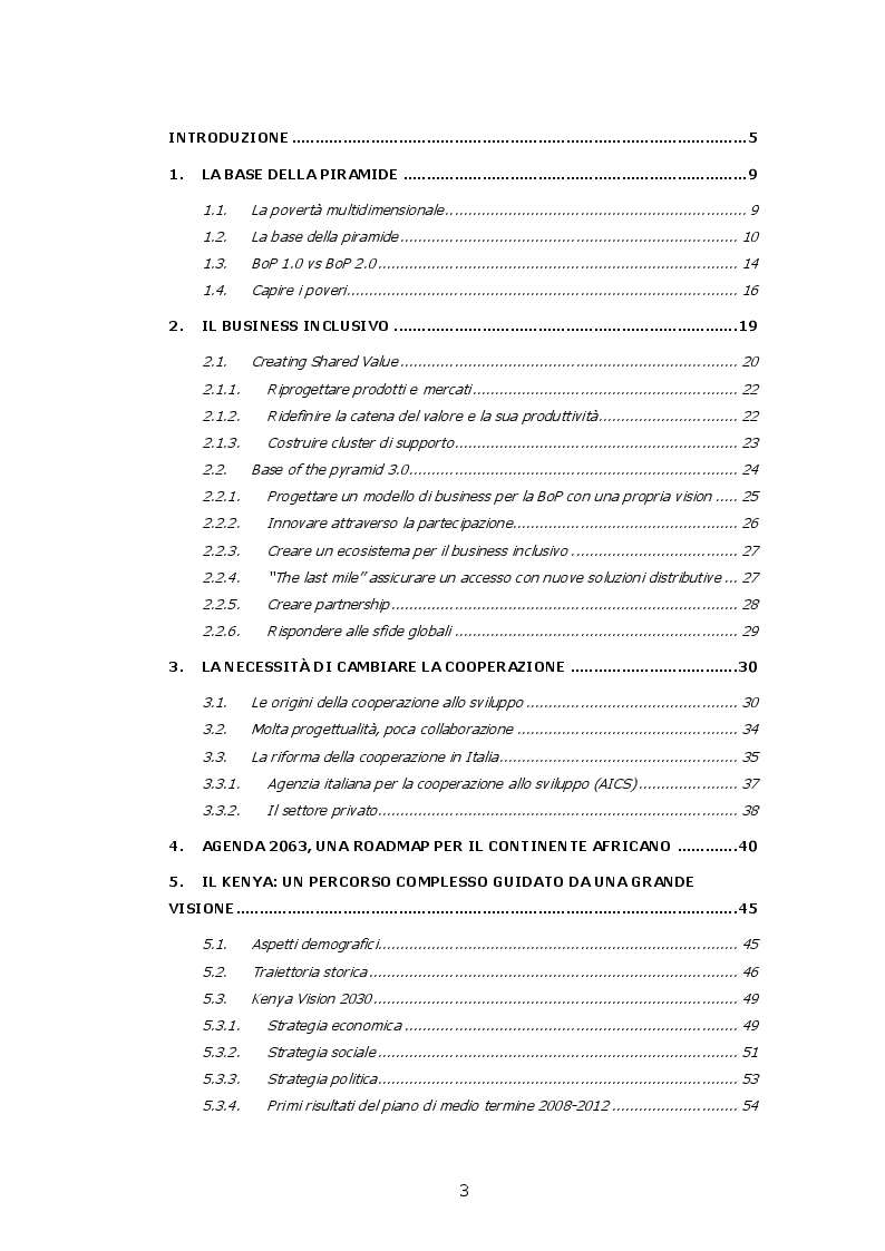 Indice della tesi: Crescita sostenibile e business inclusivo, modelli per lo sviluppo delle economie e delle comunità: tre casi di studio in Kenya, Pagina 1