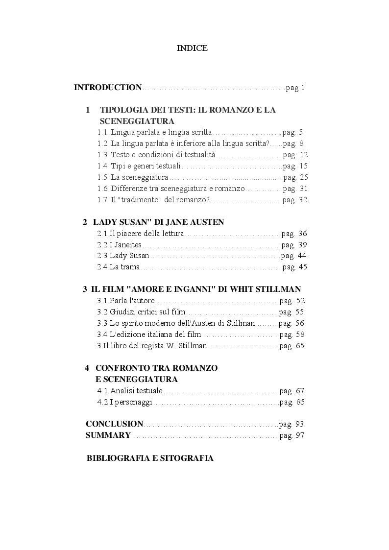 Indice della tesi: Da ''Lady Susan'' di Jane Austen al film ''Amore e inganni'' di With Stillman. La traduzione e il doppiaggio, Pagina 1