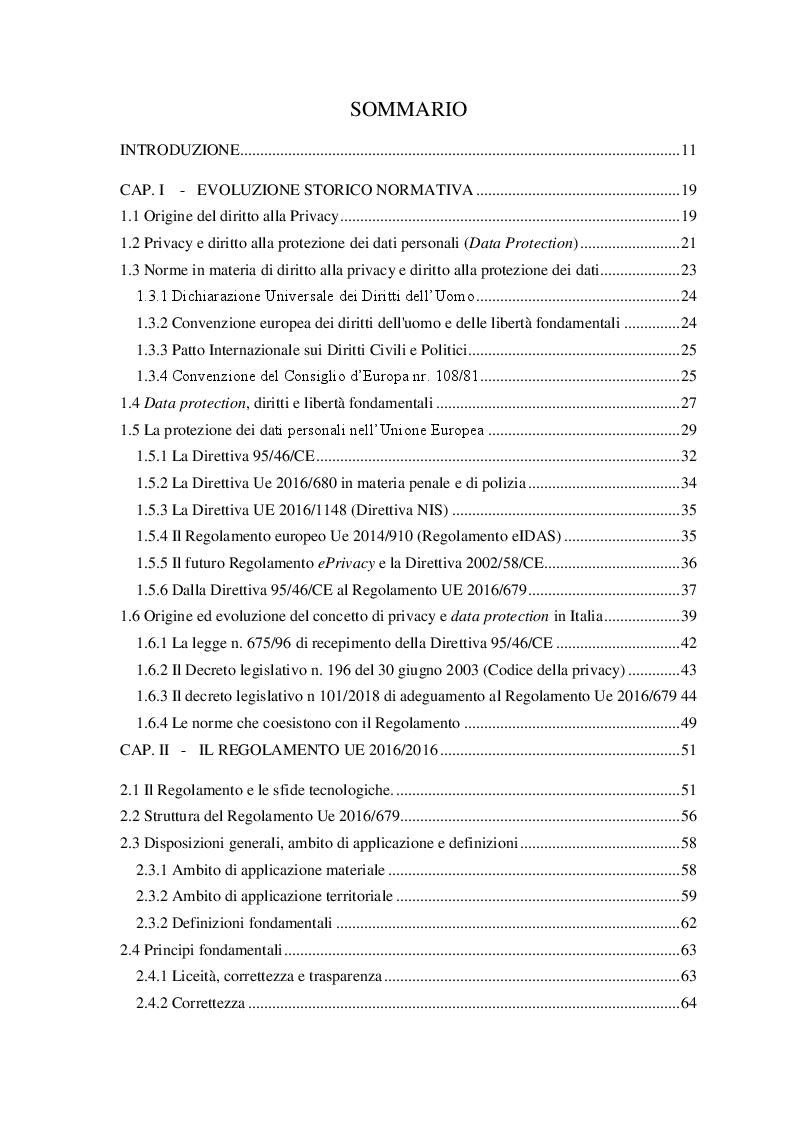 Indice della tesi: Il trattamento dei dati personali. Gestione del rischio e compliance aziendale., Pagina 1