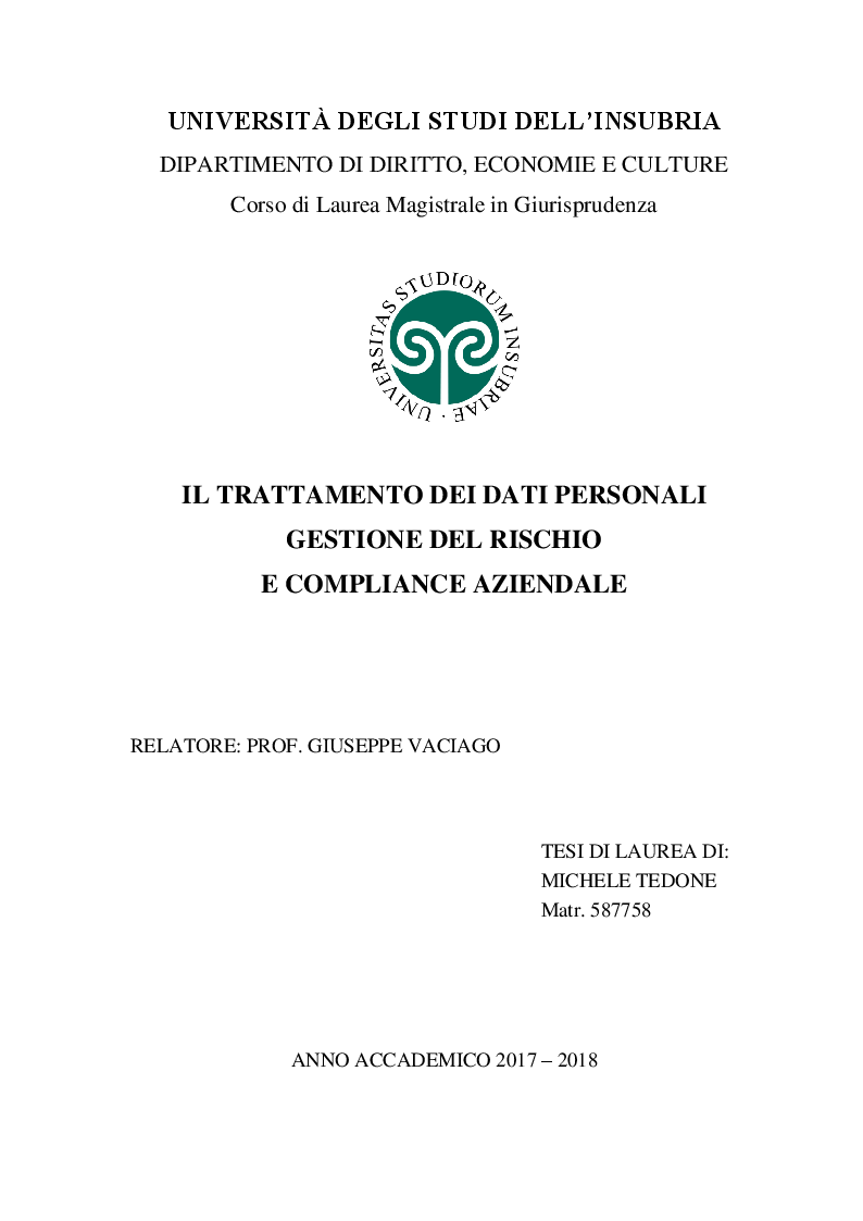 Anteprima della tesi: Il trattamento dei dati personali. Gestione del rischio e compliance aziendale., Pagina 1