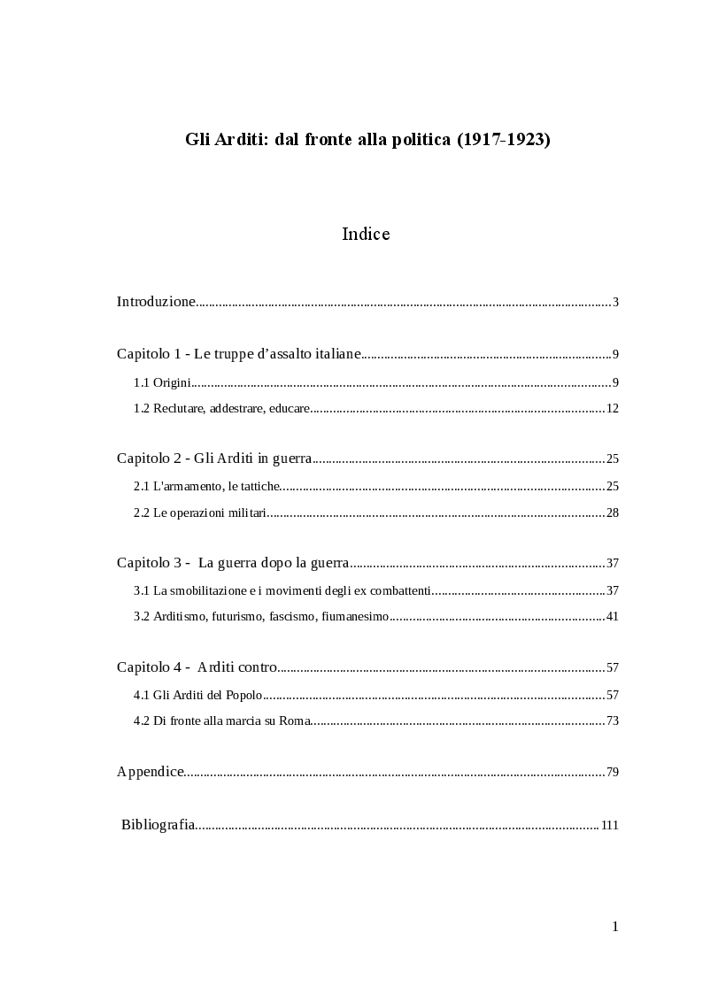 Indice della tesi: Gli arditi: dal fronte alla politica (1917-1923), Pagina 1