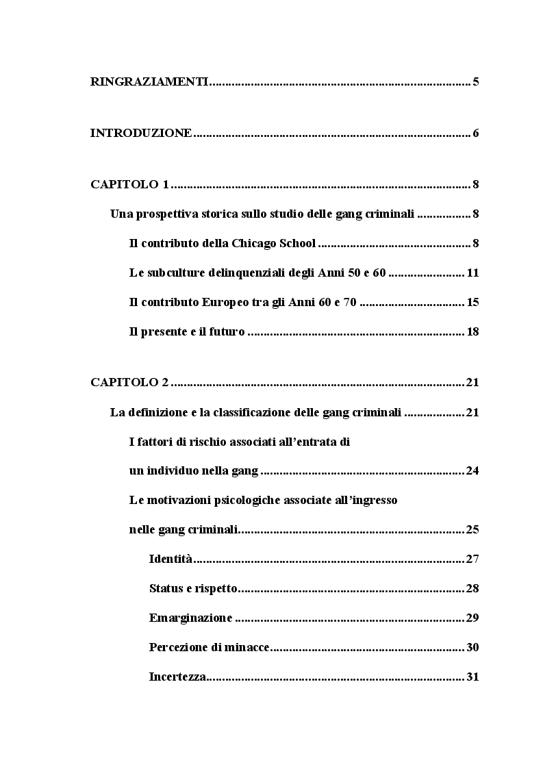 Indice della tesi: Analisi della letteratura sulle gang criminali, il loro comportamento e i fattori psicologici e sociali associati all'ingresso di nuovi membri al loro interno, Pagina 1