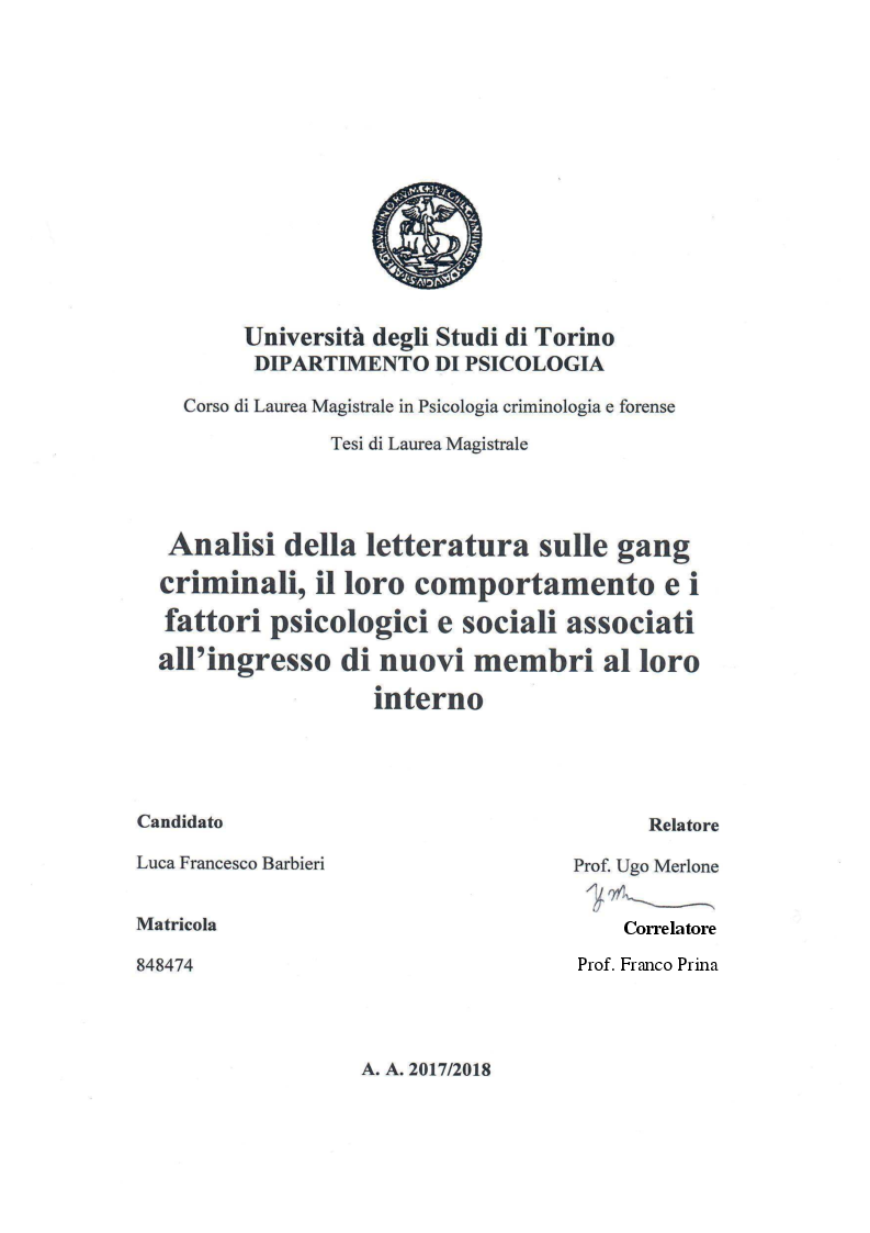Anteprima della tesi: Analisi della letteratura sulle gang criminali, il loro comportamento e i fattori psicologici e sociali associati all'ingresso di nuovi membri al loro interno, Pagina 1