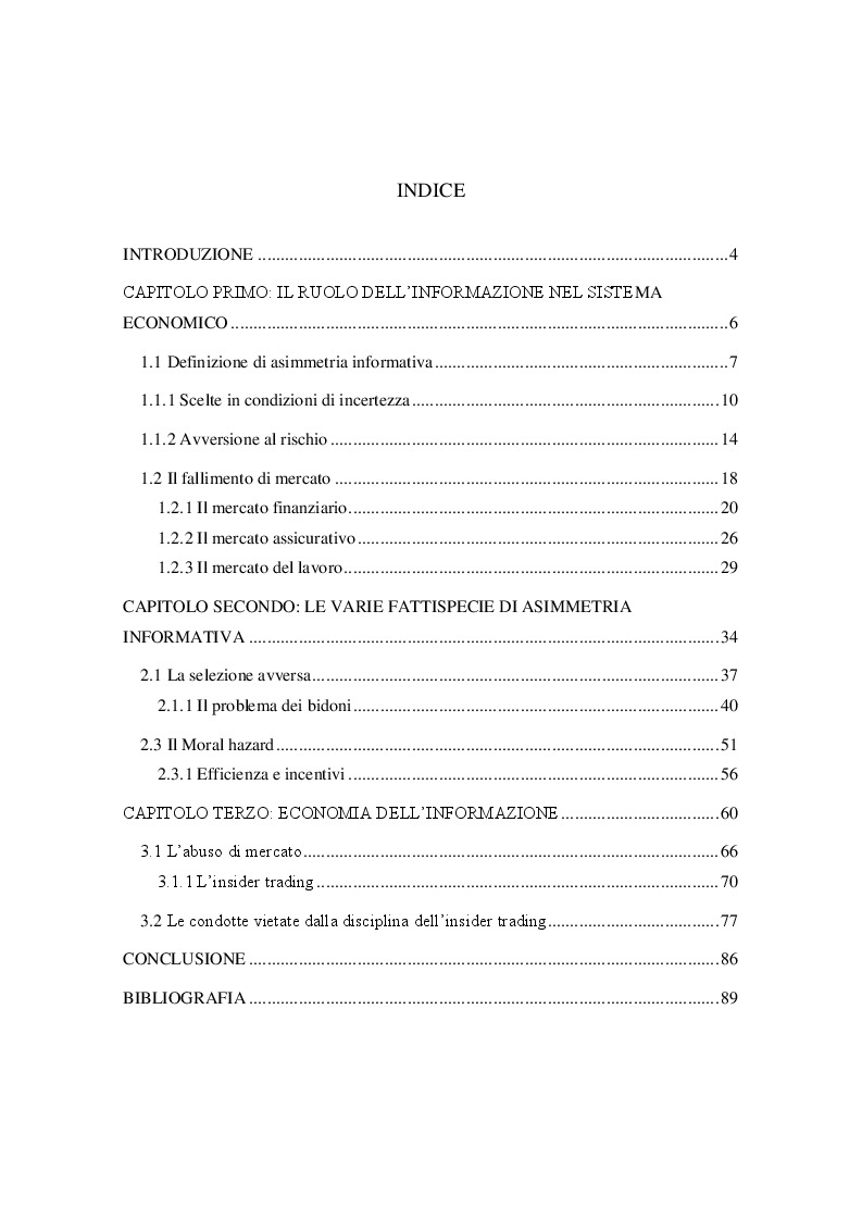 Indice della tesi: Le varie fattispecie di asimmetria informativa, Pagina 1