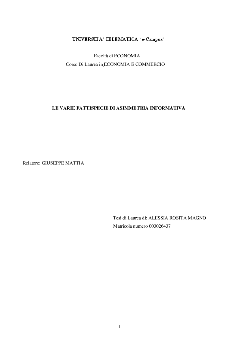 Anteprima della tesi: Le varie fattispecie di asimmetria informativa, Pagina 1