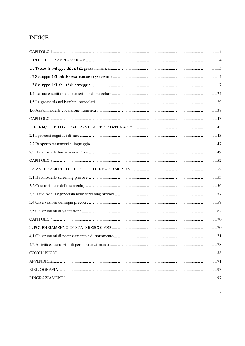 Indice della tesi: I prerequisiti dell'apprendimento matematico: screening e potenziamento in età prescolare, Pagina 1