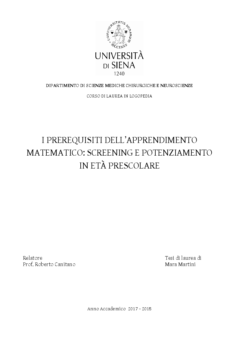 Anteprima della tesi: I prerequisiti dell'apprendimento matematico: screening e potenziamento in età prescolare, Pagina 1