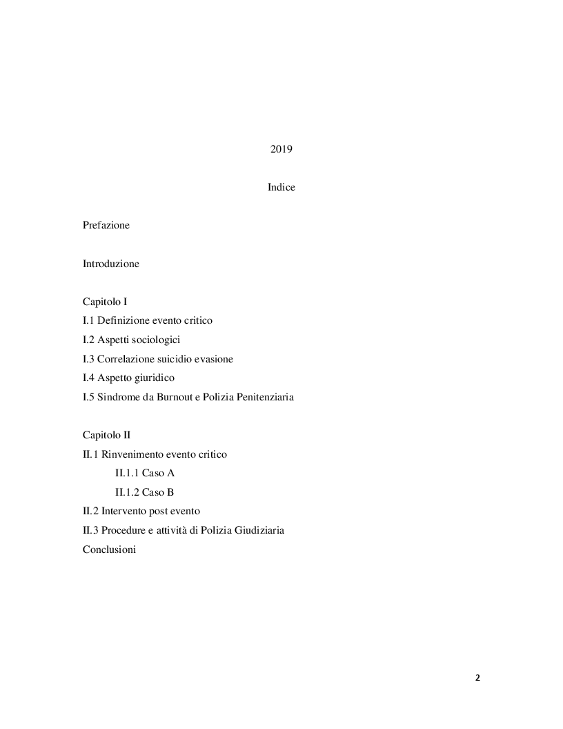 Indice della tesi: Correlazione tra eventi critici di evasione e suicidio. Analisi e relativi interventi di Polizia Giudiziaria, Pagina 1