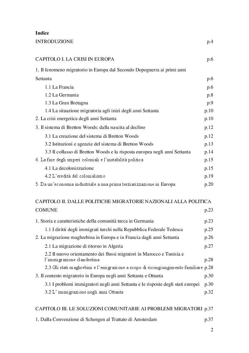 Indice della tesi: La crisi dei primi anni Settanta come punto di svolta del fenomeno migratorio in Europa, Pagina 1