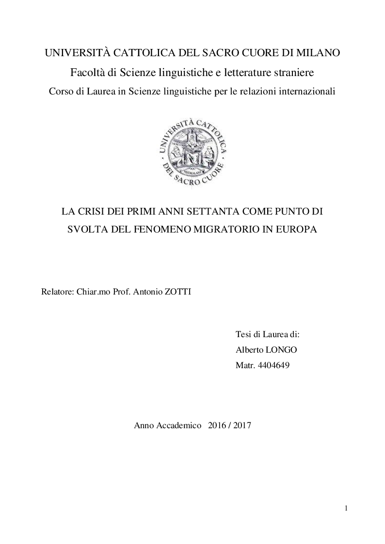 Anteprima della tesi: La crisi dei primi anni Settanta come punto di svolta del fenomeno migratorio in Europa, Pagina 1