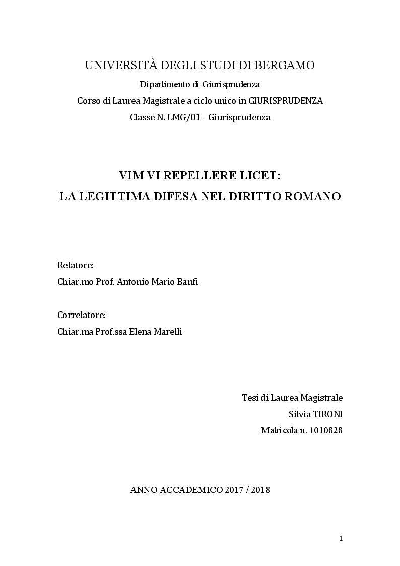 Anteprima della tesi: Vim Vi Repellere Licet: la legittima difesa nel diritto romano, Pagina 1