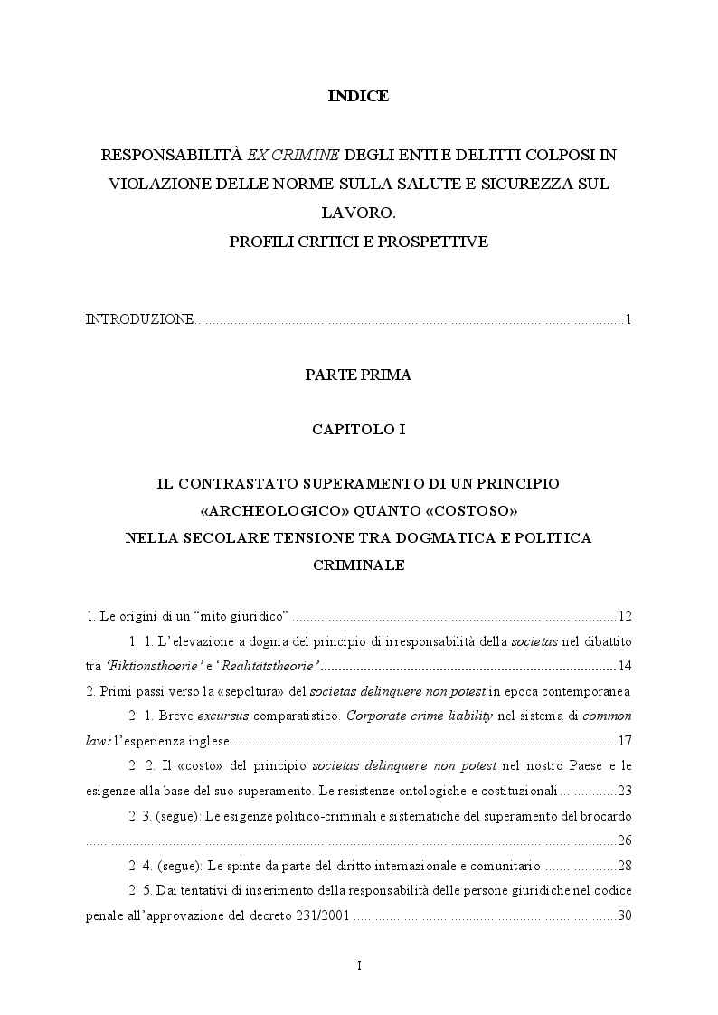 Indice della tesi: Responsabilità ex crimine degli enti e delitti colposi in violazione delle norme sulla salute e sicurezza sul lavoro. Profili critici e prospettive., Pagina 1