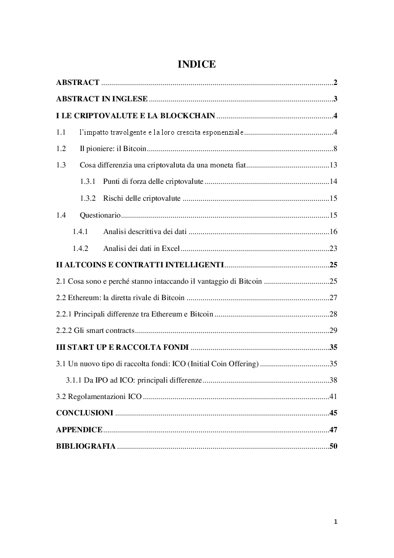 Indice della tesi: Applicazioni ed usi della blockchain e livello di conoscenza delle criptovalute tra i giovani, Pagina 1