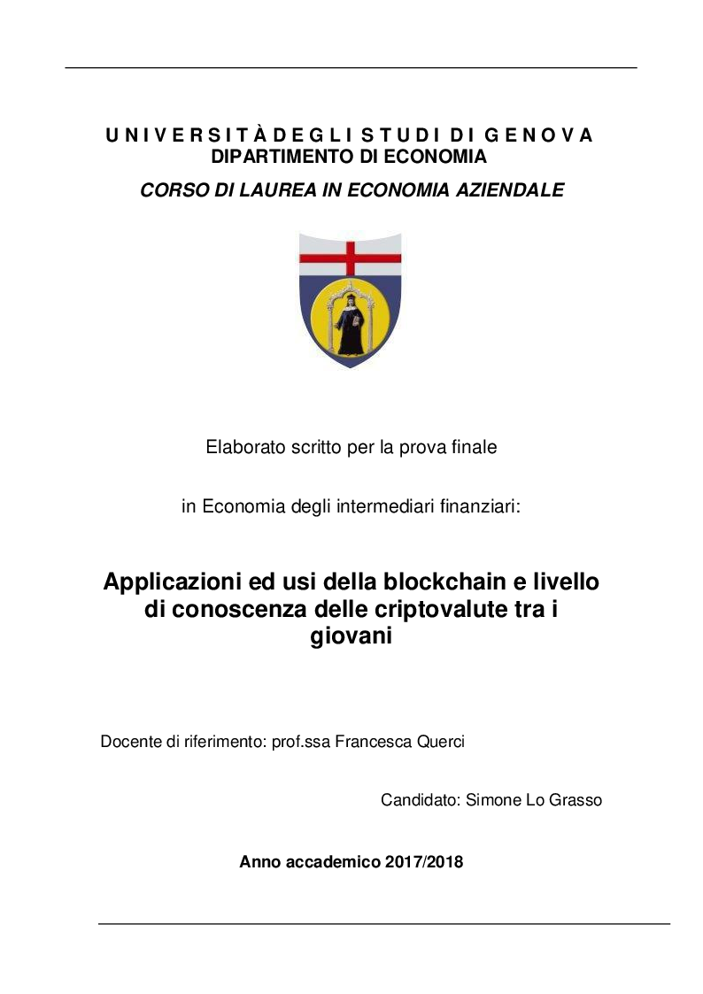 Anteprima della tesi: Applicazioni ed usi della blockchain e livello di conoscenza delle criptovalute tra i giovani, Pagina 1