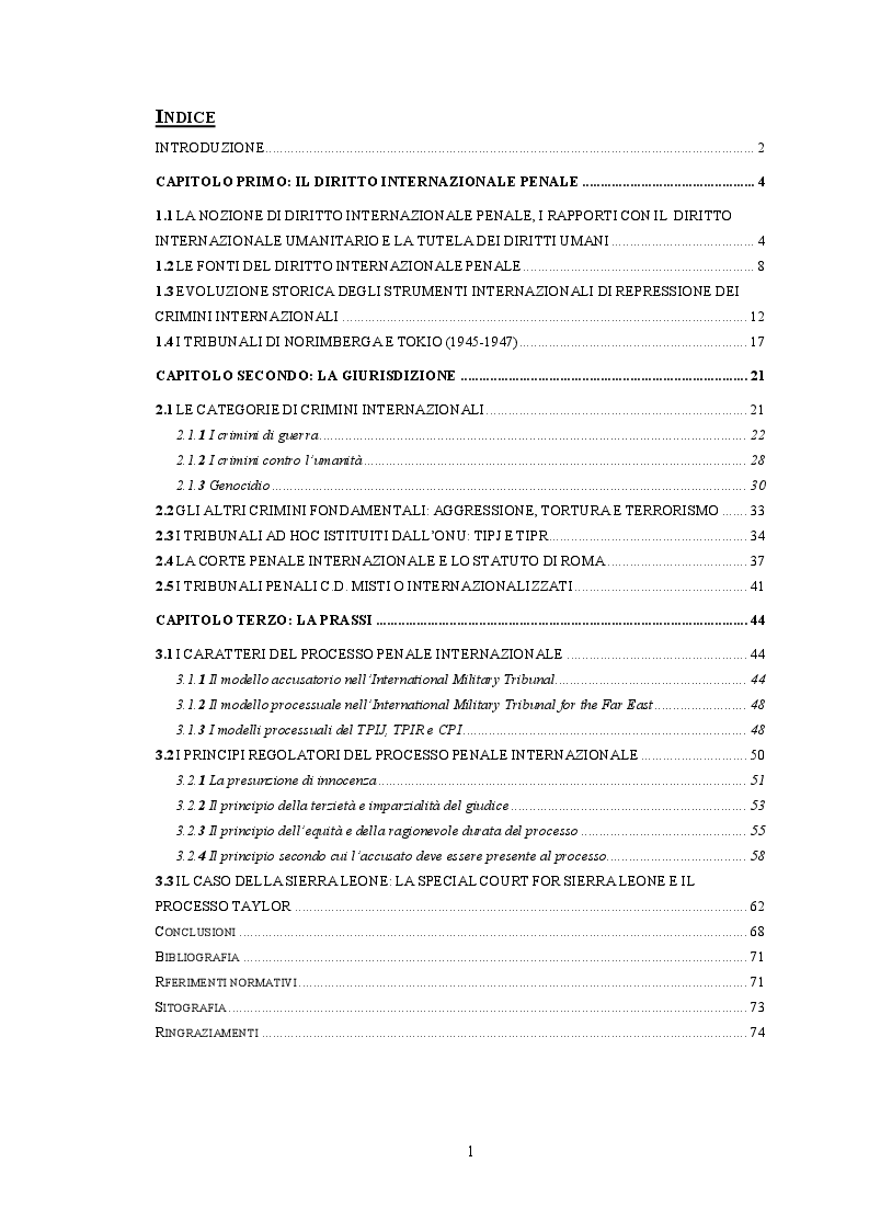 Indice della tesi: Diritto internazionale penale: fondamenti teorico-istituzionali e prassi evolutiva, Pagina 1