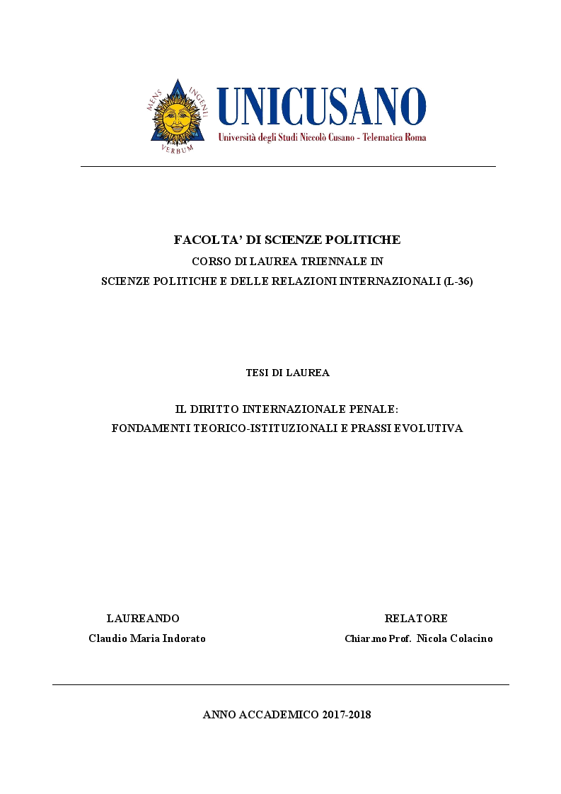 Anteprima della tesi: Diritto internazionale penale: fondamenti teorico-istituzionali e prassi evolutiva, Pagina 1